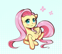 Size: 583x513 | Tagged: safe, artist:chan-sama, fluttershy, butterfly, pegasus, pony, cute, female, gradient background, looking at you, mare, shyabetes, sitting, solo