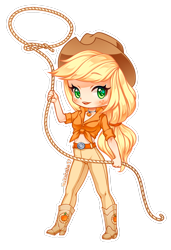 Size: 1280x1871 | Tagged: safe, artist:nukababe, applejack, human, belly button, boots, chibi, clothes, front knot midriff, humanized, jeans, jewelry, lasso, light skin, midriff, necklace, pants, rope, simple background, solo, transparent background