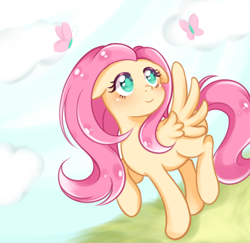 Size: 900x876 | Tagged: safe, artist:chan-sama, fluttershy, butterfly, pegasus, pony, cute, female, floppy ears, mare, shyabetes, solo, spread wings, wings