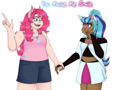 Size: 6528x4869 | Tagged: safe, artist:cornerverse, pinkie pie, sonata dusk, human, absurd resolution, female, humanized, lesbian, pinata (ship), shipping, simple background, transparent background