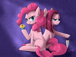 Size: 3968x2976 | Tagged: safe, artist:teateajing, pinkie pie, earth pony, pony, cupcake, duality, female, food, knife, looking at you, mare, pinkamena diane pie