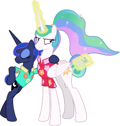 Size: 3000x3137 | Tagged: safe, artist:sollace, princess celestia, princess luna, alicorn, pony, between dark and dawn, .svg available, alternate hairstyle, barehoof, bipedal, celestia is not amused, clothes, duo, eyeroll, eyes closed, eyeshadow, female, folded wings, glowing horn, hair bun, hawaiian shirt, hoof on hip, horn, leaning, letter, levitation, magic, makeup, mare, ponytail, royal sisters, shirt, siblings, simple background, sisters, tail bun, telekinesis, transparent background, unamused, unimpressed, vector, wings