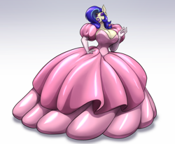 Size: 3300x2700 | Tagged: safe, artist:toughset, oc, oc only, oc:moniker, anthro, anthro oc, big breasts, big lips, bimbo, breasts, clothes, dress, ear piercing, earring, eyeshadow, female, gala dress, gown, huge breasts, impossibly large dress, jewelry, latex dress, lips, lipstick, makeup, piercing, purple eyeshadow, purple lipstick, slime, solo, transformation