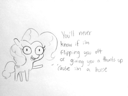 Size: 1920x1440 | Tagged: safe, artist:tjpones, pinkie pie, earth pony, pony, dialogue, female, grayscale, lineart, mare, middle finger, monochrome, raised hoof, solo, thumbs up, traditional art, vulgar