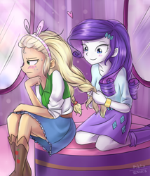 Size: 1360x1590 | Tagged: source needed, safe, artist:tcn1205, applejack, rarity, human, equestria girls, alternate hairstyle, apple, blushing, boots, bracelet, braiding, bunny ears, clothes, cowboy boots, denim skirt, female, forced makeover, frown, hair, heart, humanized, jewelry, lesbian, mirror, pony coloring, rarijack, shipping, skirt, smiling