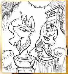 Size: 1878x2048 | Tagged: safe, artist:psaxophone, princess celestia, princess luna, alicorn, pony, bust, crown, gravestone, jewelry, monochrome, peytral, regalia, spider web, statue, tombstones