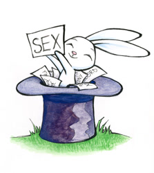 Size: 576x646 | Tagged: safe, artist:halfsparkle, angel bunny, rabbit, ask sex-positive fluttershy, eyes closed, grass, hat, male, out of context, simple background, smiling, top hat, wat, white background