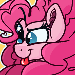 Size: 1500x1500 | Tagged: safe, alternate version, artist:binkyt11, pinkie pie, earth pony, pony, :p, :t, bust, cross-eyed, cute, derp, ear fluff, faic, female, fluffy mane, impossibly large mane, looking back, mare, medibang paint, pixel art, ponk, silly, silly pony, simple background, smiling, solo, tongue out, yellow background