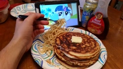 Size: 3264x1836 | Tagged: safe, derpibooru import, twilight sparkle, human, aunt jemima, brony, feeding, irl, irl human, nestea, noodles, pancakes, photo, spaghetti, syrup, tablet, unamused, waifu dinner