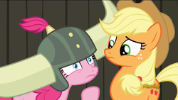 Size: 1920x1080 | Tagged: safe, screencap, applejack, pinkie pie, earth pony, pony, not asking for trouble, discovery family logo, helmet, honorary yak horns, horned helmet, viking helmet