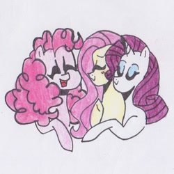 Size: 948x948 | Tagged: safe, artist:draw1709, fluttershy, pinkie pie, rarity, earth pony, pegasus, pony, unicorn, female, flaripie, flarity, lesbian, polyamory, raripie, shipping, traditional art