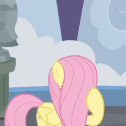 Size: 385x385 | Tagged: safe, screencap, fluttershy, pegasus, pony, school daze, animated, cropped, cute, female, folded wings, gif, hair over eyes, hair over one eye, hiding behind mane, mare, peeking, shyabetes, solo, stray strand