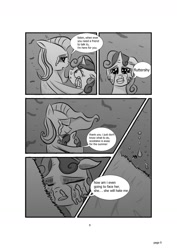 Size: 1024x1448 | Tagged: safe, artist:konfettimayhem, fluttershy, sweetie belle, pegasus, pony, unicorn, comic:the monster inside of me, comic, crying, female, filly, mare, monochrome