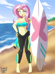 Size: 2625x3500 | Tagged: safe, artist:danmakuman, fluttershy, better together, blue crushed, equestria girls, adorasexy, bandeau, barefoot, beach, belly button, breasts, cleavage, clothes, commission, cute, feet, female, hootershy, looking at you, ocean, open mouth, sand, sexy, shyabetes, solo, surfboard, swimsuit, wetsuit