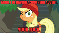 Size: 888x499 | Tagged: safe, edit, edited screencap, screencap, applejack, earth pony, pony, ppov, captain jackbeard, female, image macro, imgflip, mare, meme, pirate, red text, red vs blue, sarge, solo