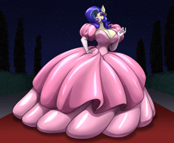 Size: 3300x2700 | Tagged: safe, artist:toughset, oc, oc only, oc:moniker, anthro, big breasts, big lips, bimbo, breasts, clothes, dress, ear piercing, earring, eyeshadow, female, gala dress, gown, huge breasts, impossibly large dress, jewelry, latex dress, lips, lipstick, makeup, piercing, purple eyeshadow, purple lipstick, slime, solo, transformation