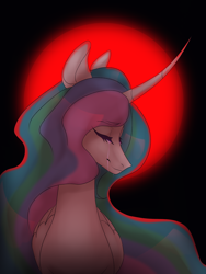 Size: 3000x4000 | Tagged: safe, artist:ccabaleria, princess celestia, alicorn, pony, curved horn, dark, eyes closed, female, floppy ears, horn, mare, sad, solo