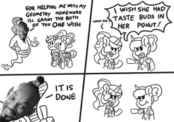 Size: 1700x1200 | Tagged: safe, artist:threetwotwo32232, princess celestia, princess luna, alicorn, pony, between dark and dawn, :t, bipedal, clothes, comic, cyanide & happiness, dialogue, female, frown, genie, grayscale, grin, hawaiian shirt, horrified, lineart, mare, monochrome, open mouth, parody, pointing, shirt, simple background, smiling, speech bubble, the implications are horrible, wat, white background, why, wide eyes, will smith