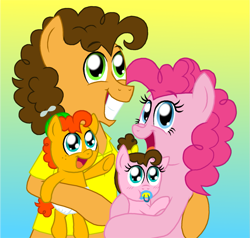 Size: 1251x1193 | Tagged: safe, artist:crazynutbob, cheese sandwich, pinkie pie, oc, oc:fudge fondue, oc:pizza pockets, pony, baby, baby pony, bow, cheesepie, family, female, freckles, gradient background, grin, hair bow, hat, male, offspring, pacifier, parent:cheese sandwich, parent:pinkie pie, parents:cheesepie, propeller hat, shipping, smiling, straight, twins