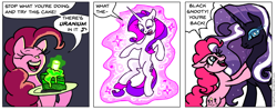 Size: 938x372 | Tagged: safe, artist:gingerfoxy, nightmare rarity, pinkie pie, rarity, earth pony, pony, unicorn, pony comic generator, cake, comic, duo, floating, food, gray background, magic, simple background, speech bubble, transformation, uranium, white background