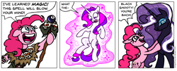 Size: 936x379 | Tagged: safe, artist:gingerfoxy, nightmare rarity, pinkie pie, rarity, earth pony, pony, unicorn, pony comic generator, comic, duo, floating, magic, magic eight ball, magic staff, simple background, speech bubble, transformation, white background