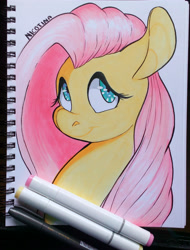 Size: 2272x2996 | Tagged: safe, artist:bettynicolle, fluttershy, pegasus, pony, bust, female, looking at you, looking sideways, mare, portrait, smiling, solo, traditional art