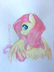 Size: 810x1080 | Tagged: safe, artist:i-just-mari, fluttershy, pegasus, pony, bust, female, looking at you, looking sideways, mare, portrait, smiling, solo, spread wings, traditional art, wings