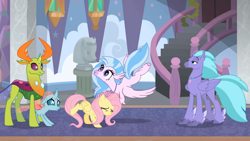 Size: 1920x1080 | Tagged: safe, screencap, fluttershy, ocellus, seaspray, silverstream, thorax, changedling, changeling, pegasus, pony, school daze, excited, faic, female, king thorax, male, school, staircase, stairs, statue