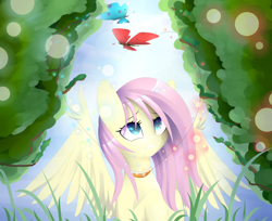 Size: 1024x835 | Tagged: safe, artist:posionjoke, fluttershy, butterfly, pegasus, pony, bust, female, looking at something, looking up, mare, portrait, solo, spread wings, wings