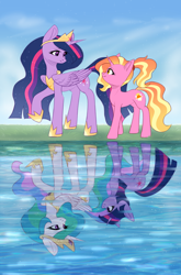 Size: 2900x4400 | Tagged: safe, artist:avrameow, luster dawn, princess celestia, princess twilight 2.0, twilight sparkle, twilight sparkle (alicorn), unicorn twilight, alicorn, pony, unicorn, the last problem, altered reflection, comparison, duo, end of ponies, eye contact, female, full circle, high res, looking at each other, mare, older, older twilight, reflection, teacher and student, water