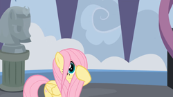 Size: 1920x1080 | Tagged: safe, screencap, fluttershy, pegasus, pony, school daze, hair over one eye, hiding behind mane, school, solo, statue