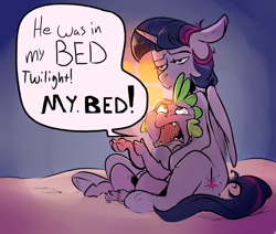 Size: 1280x1083 | Tagged: safe, artist:imsokyo, derpibooru import, spike, twilight sparkle, twilight sparkle (alicorn), alicorn, dragon, pony, make new friends but keep discord, bed, comforting, daily life of spike, dialogue, female, implied discord, male, mama twilight, mare, scarred for life, sitting, traumatized, tumblr