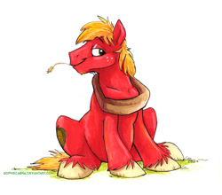 Size: 700x615 | Tagged: safe, artist:spainfischer, big macintosh, earth pony, pony, canterlot high, cute, fluffy, goatee, lidded eyes, looking at you, macabetes, male, simple background, sitting, smiling, solo, stallion, straw, unshorn fetlocks, white background