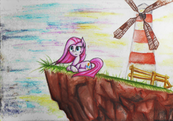 Size: 800x560 | Tagged: safe, artist:moonlightfl, pinkie pie, earth pony, pony, cliff, feel good inc, fence, gorillaz, pinkamena diane pie, solo, traditional art, windmill