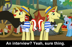 Size: 1024x672 | Tagged: safe, edit, edited screencap, screencap, flam, flim, comic:celestia's servant interview, the super speedy cider squeezy 6000, caption, flim flam brothers, interview, meta