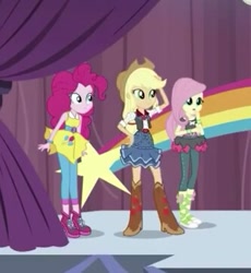 Size: 333x362 | Tagged: safe, screencap, applejack, fluttershy, pinkie pie, dance magic, equestria girls, spoiler:eqg specials, boots, clothes, cowboy hat, cropped, denim skirt, female, hat, pants, shoes, skirt, stars, trio, tutu