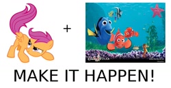 Size: 1120x580 | Tagged: safe, scootaloo, all caps, exploitable meme, finding nemo, make it happen, meme, meta, scootaloo can't fly