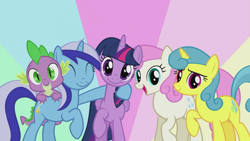 Size: 1366x768 | Tagged: safe, derpibooru import, screencap, lemon hearts, minuette, spike, twilight sparkle, twilight sparkle (alicorn), twinkleshine, alicorn, dragon, amending fences, happy