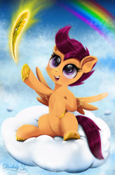 Size: 2929x4464 | Tagged: safe, artist:darksly, princess celestia, scootaloo, alicorn, pegasus, pony, spoiler:comic, spoiler:comic65, blushing, cloud, cutie mark, feather, female, filly, foal, hooves, horseshoes, on a cloud, open mouth, rainbow, scootaloo can fly, sitting, sitting on cloud, solo, spread wings, teeth, wings