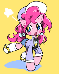 Size: 559x703 | Tagged: safe, artist:quizia, pinkie pie, earth pony, pony, alternate hairstyle, blushing, bow, clothes, cute, diapinkes, female, hair bow, hat, jacket, mare, shoes, shorts, solo