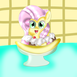 Size: 2048x2048 | Tagged: safe, artist:doraeartdreams-aspy, fluttershy, pegasus, pony, banana, banana split, bowl, cherry, cute, female, food, ice cream, mare, open mouth, shyabetes, smiling, whipped cream