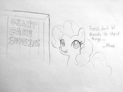 Size: 1280x960 | Tagged: safe, artist:tjpones, edit, pinkie pie, earth pony, pony, crate, cropped, female, lineart, mare, monochrome, simple background, solo, traditional art, white background