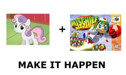 Size: 1008x600 | Tagged: safe, sweetie belle, sweetie bot, pony, robot, robot pony, unicorn, all caps, blank flank, exploitable meme, female, filly, foal, hooves, horn, make it happen, meme, meta, mischief makers, open mouth, teeth, text