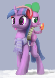 Size: 1585x2229 | Tagged: safe, artist:odooee, derpibooru import, spike, twilight sparkle, dragon, pony, unicorn, :p, clothes, dragons riding ponies, earmuffs, female, licking, mare, popsicle, riding, scarf, tongue out