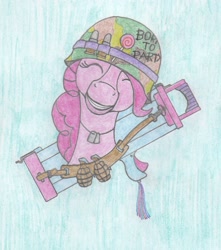 Size: 1268x1436 | Tagged: safe, artist:agentappleblanket, pinkie pie, earth pony, pony, born to x, bust, camouflage, drawing, full metal jacket, grenade, helmet, m202 flash, streamers, traditional art