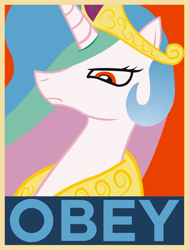 Size: 1224x1621 | Tagged: safe, artist:dsonic720, princess celestia, alicorn, pony, diadem, frown, obey, poster, propaganda, propaganda poster, recolor, simple background, solo