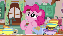 Size: 1920x1080 | Tagged: safe, screencap, pinkie pie, earth pony, pony, secrets and pies, bowl, mixing bowl, solo, sugarcube corner