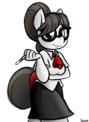 Size: 1100x1500 | Tagged: safe, artist:ramott, raven, anthro, businessmare, clothes, glasses, secretary, simple background, skirt, solo, tube skirt, white background