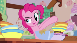 Size: 1920x1080 | Tagged: safe, screencap, pinkie pie, earth pony, pony, secrets and pies, baking, bowl, kitchen, raised eyebrow, solo