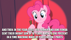 Size: 853x480 | Tagged: safe, edit, edited screencap, screencap, pinkie pie, earth pony, pony, baby cakes, atop the fourth wall, broom, caption, cute, cybernetic ghost of christmas past from the future, female, grin, jane fonda, linkara, mare, marville, playstation, smiling, spotlight, ted turner, text, wat